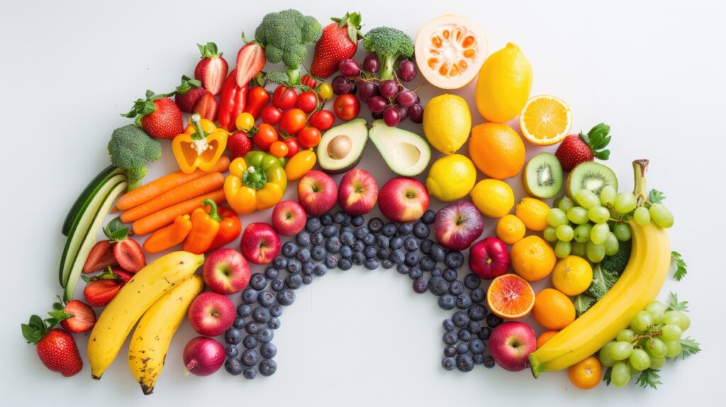 Colorful photo of different fruits and vegetables in a rainbow display.